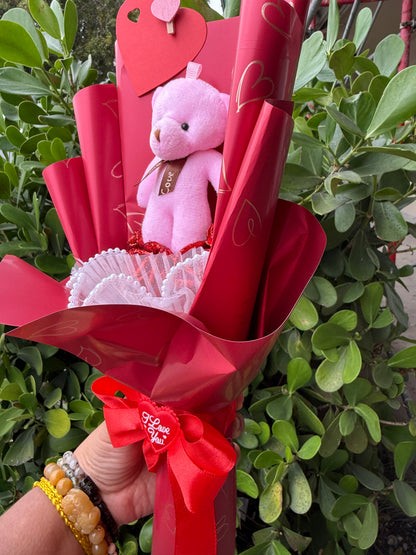 Valentine Red Heart Glittery Rose Bear Plushie Bouquet