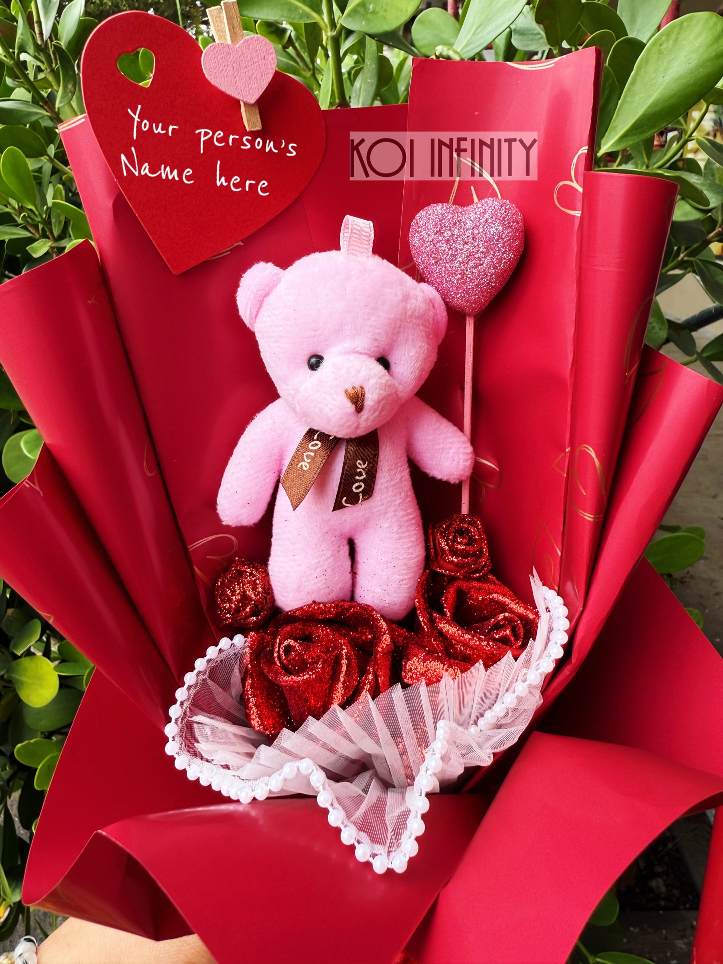 Valentine Red Heart Glittery Rose Bear Plushie Bouquet