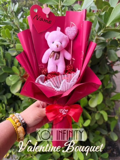 Valentine Red Heart Glittery Rose Bear Plushie Bouquet