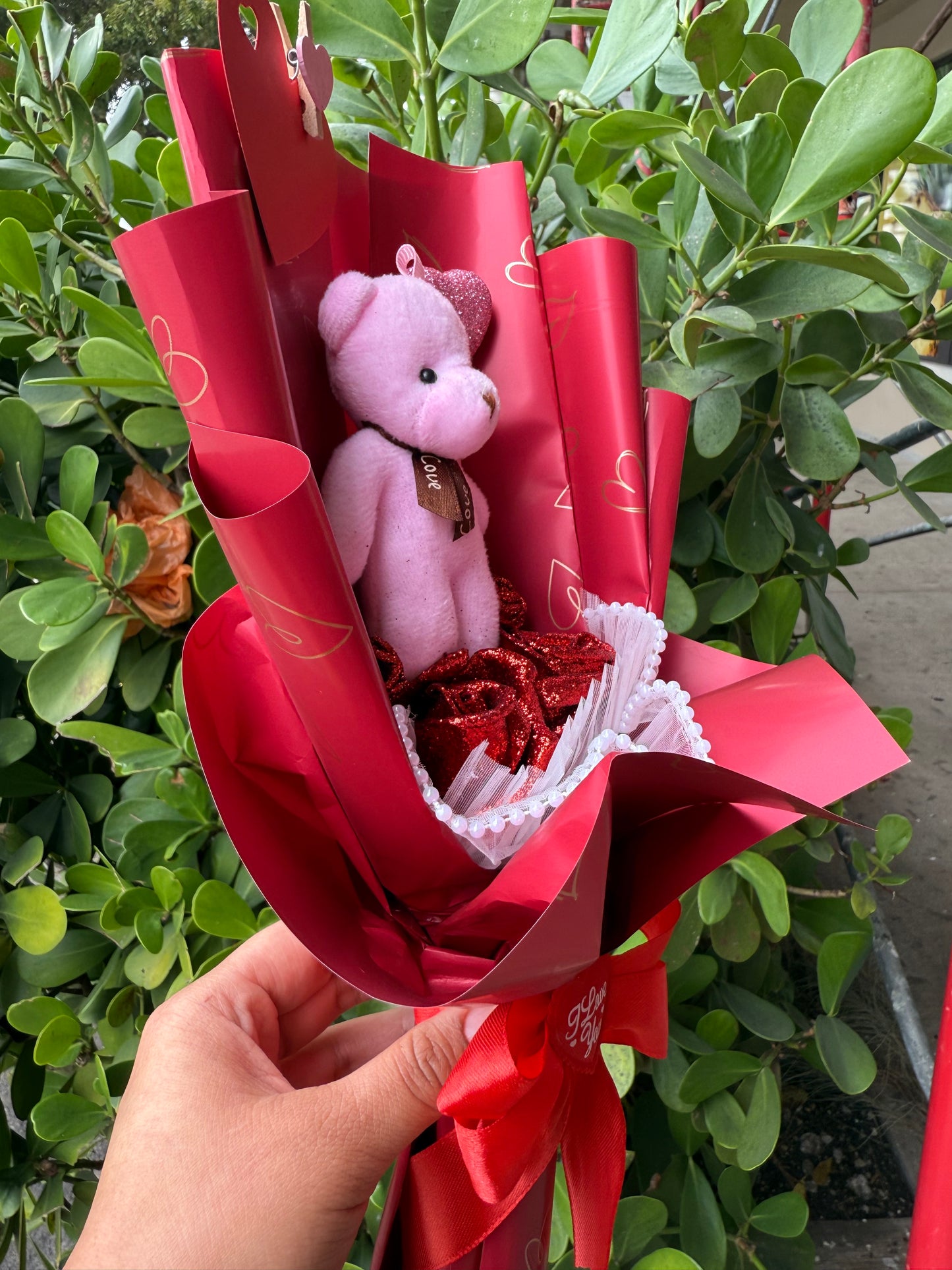 Valentine Red Heart Glittery Rose Bear Plushie Bouquet