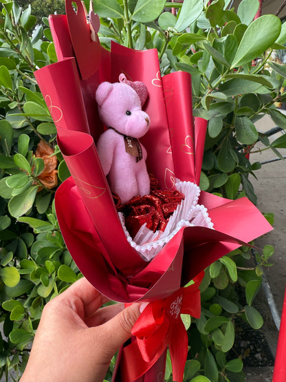 Valentine Red Heart Glittery Rose Bear Plushie Bouquet