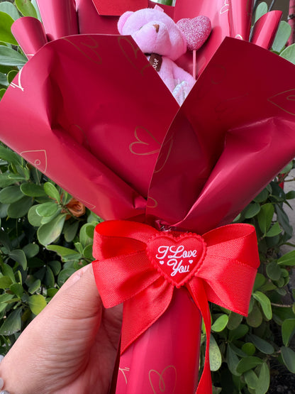 Valentine Red Heart Glittery Rose Bear Plushie Bouquet