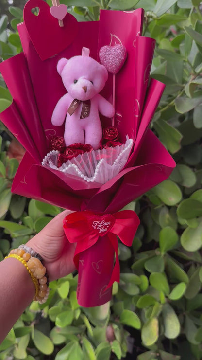 Valentine Red Heart Glittery Rose Bear Plushie Bouquet